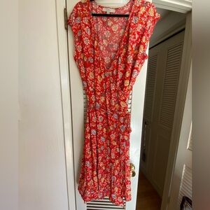 LOFT Red Floral Ruffle Wrap Short Sleeves
V-neck Waistband Midi Dress